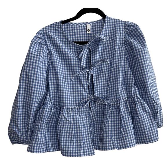 unknown Tops - NWOT Women's Checkered Blue Tie Front Top White Country Retro Feminine Medium